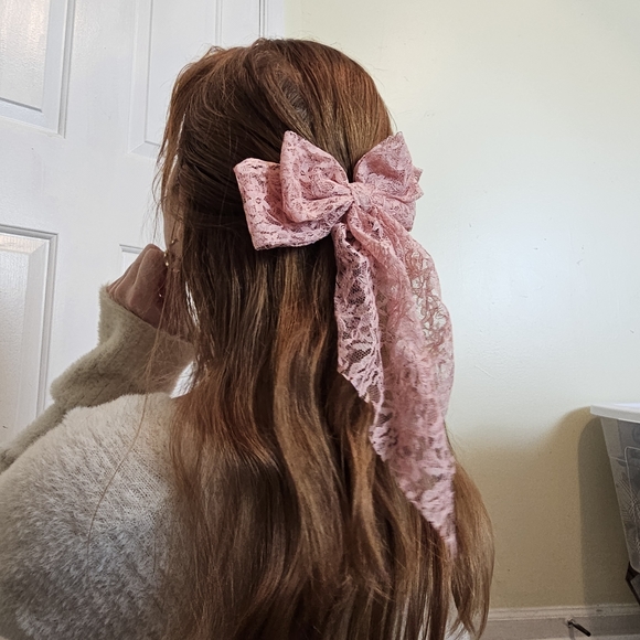 Pink Lace Hair Bow Barrette Accessory - Picture 4 of 9